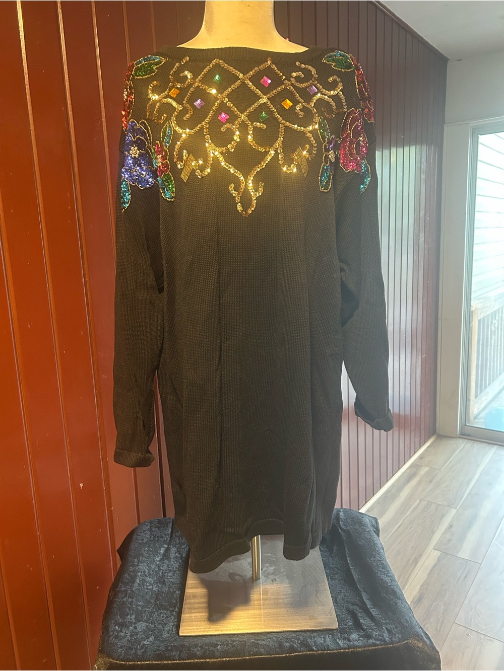 Vintage Embellished Black Sequin Sweater Dress 2XL